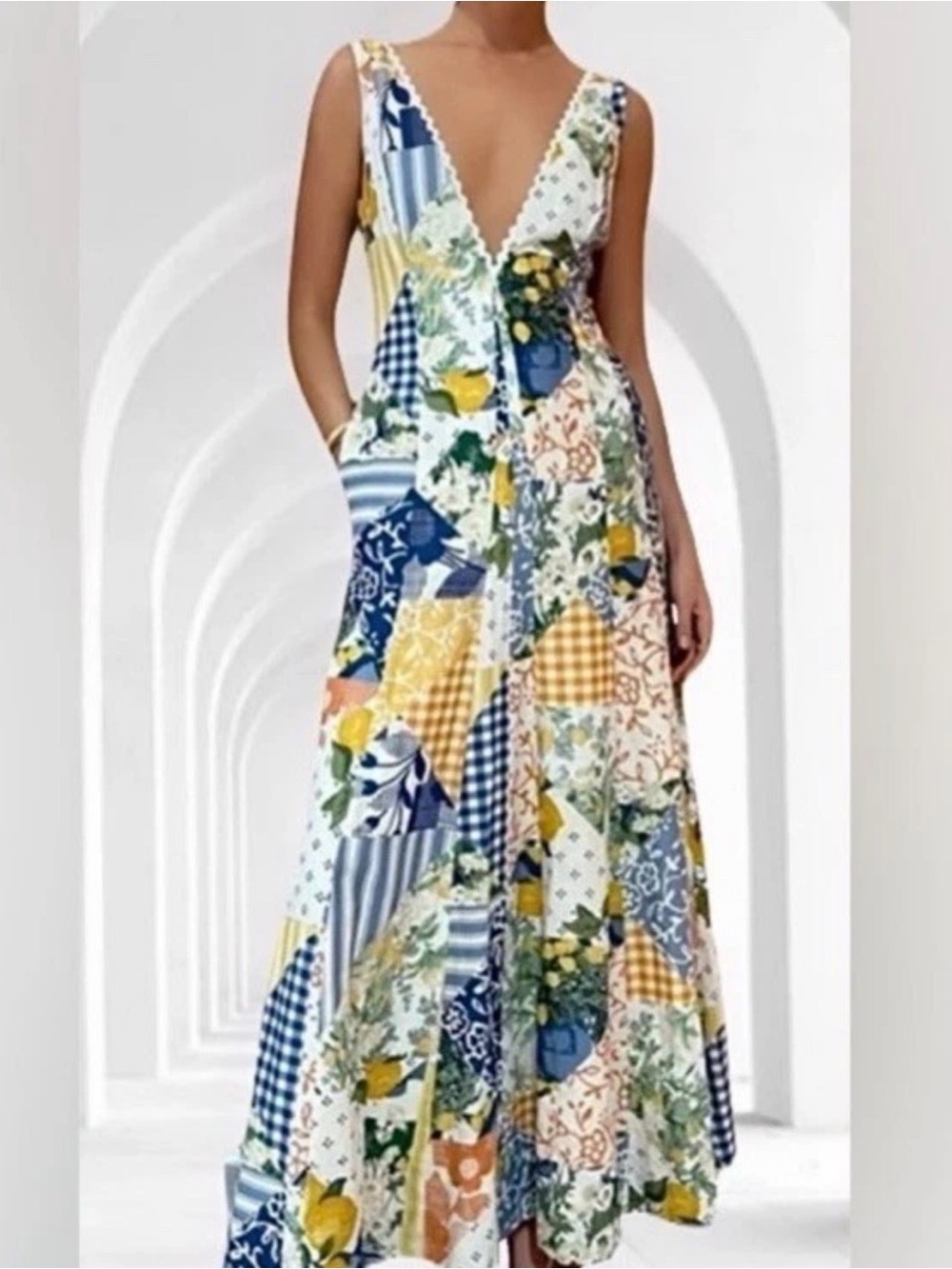 Commense Lemonade Patchwork  Maxi Dress - Blue, Yellow & White Deep-V neck - Picture 4 of 11